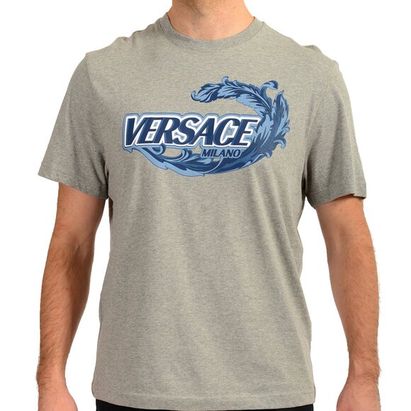 Versace Men's Gray & Blue Logo Print Short Sleeve T-Shirt US XL IT 54 - Picture 1 of 6